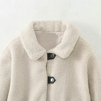 Womens Cropped Button Down Lapel Shaggy Teddy Fleece Jacket Faux Fur Coat