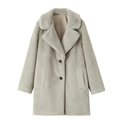 Women's Faux Fur Mid Length Jackets Winter Warm Coats Button Down Fleece Outerwear