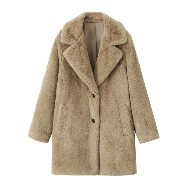 Women's Faux Fur Mid Length Jackets Winter Warm Coats Button Down Fleece Outerwear