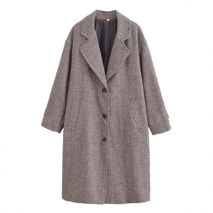 Women's Lapel Single Breasted Mid-Long Jacket Classic Blend Coat