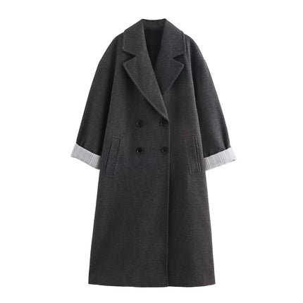 Women's Winter Wool Blend Coats Double-breasted Notched Lapel Warm Midi Long Jackets