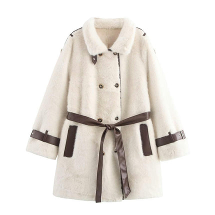 Women's Fuzzy Fleece Winter Jacket Faux Fur Double Breasted Mid-Length Sherpa Coat with Belt