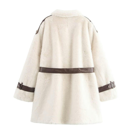 Women's Fuzzy Fleece Winter Jacket Faux Fur Double Breasted Mid-Length Sherpa Coat with Belt