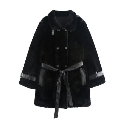 Women's Fuzzy Fleece Winter Jacket Faux Fur Double Breasted Mid-Length Sherpa Coat with Belt