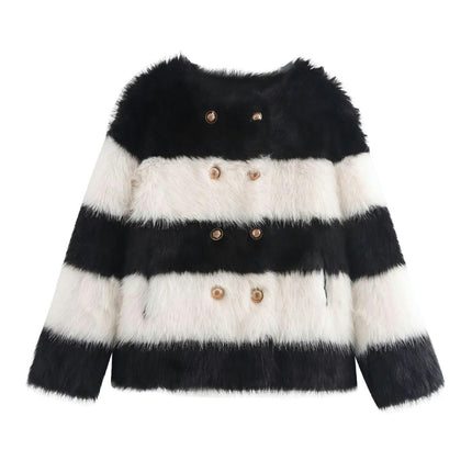 Womens Faux Fur Cropped Jacket Double Breasted Long Sleeve Winter Fuzzy Fleece Coat