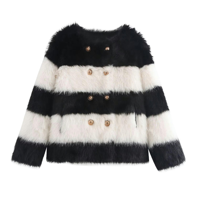 Womens Faux Fur Cropped Jacket Double Breasted Long Sleeve Winter Fuzzy Fleece Coat