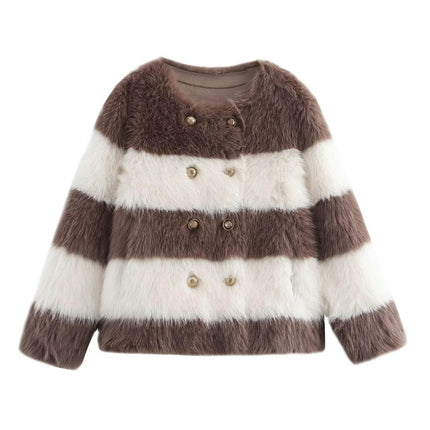 Womens Faux Fur Cropped Jacket Double Breasted Long Sleeve Winter Fuzzy Fleece Coat