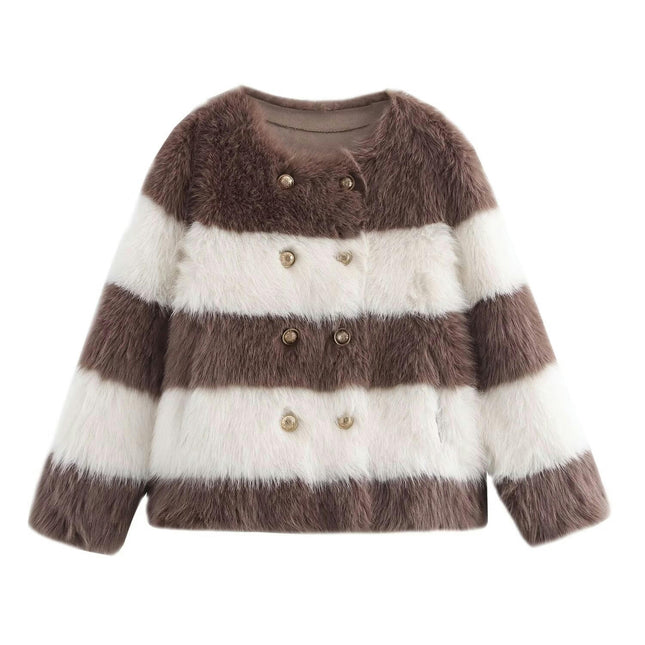 Womens Faux Fur Cropped Jacket Double Breasted Long Sleeve Winter Fuzzy Fleece Coat