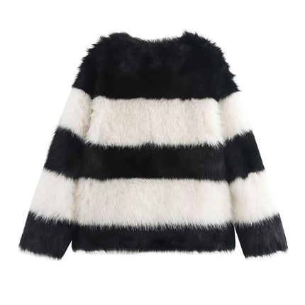 Womens Faux Fur Cropped Jacket Double Breasted Long Sleeve Winter Fuzzy Fleece Coat