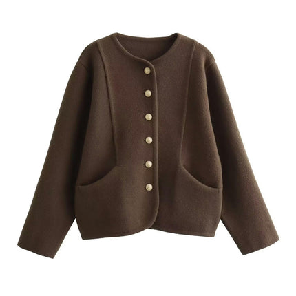 Womens Blend Cropped Jacket Button Down Long Sleeve Fall Winter Coats