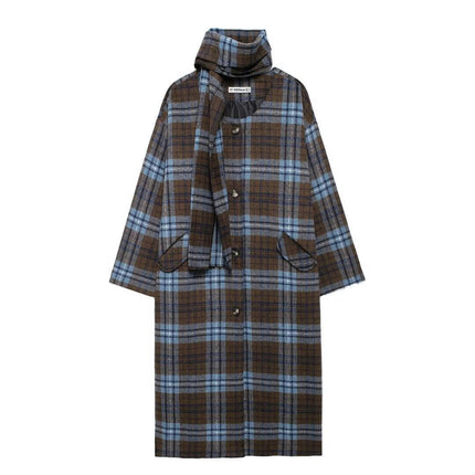 Women's Winter Scarf Woolen Blend Coat Plaid Single Breasted Long Jacket
