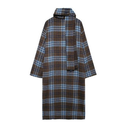 Women's Winter Scarf Woolen Blend Coat Plaid Single Breasted Long Jacket