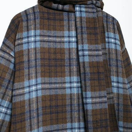 Women's Winter Scarf Woolen Blend Coat Plaid Single Breasted Long Jacket