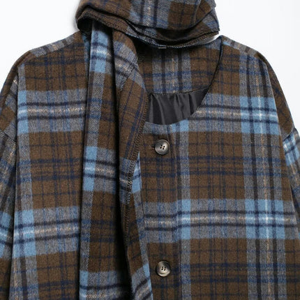 Women's Winter Scarf Woolen Blend Coat Plaid Single Breasted Long Jacket