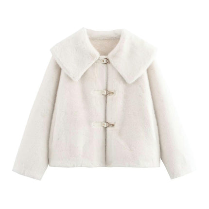 Women's Cropped Faux Fur Coat Winter Warm Lapel Long Sleeve Jacket Outerwear