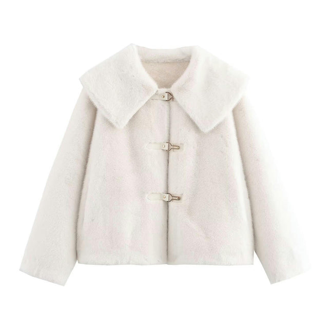 Women's Cropped Faux Fur Coat Winter Warm Lapel Long Sleeve Jacket Outerwear