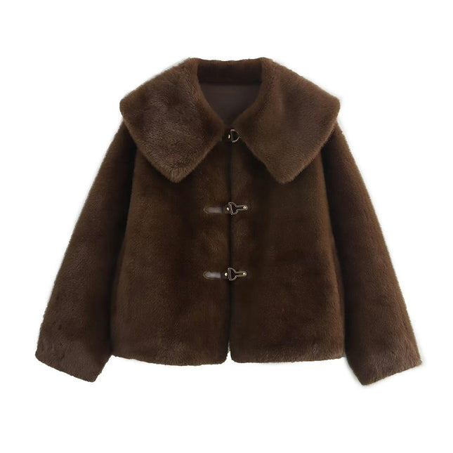 Women's Cropped Faux Fur Coat Winter Warm Lapel Long Sleeve Jacket Outerwear