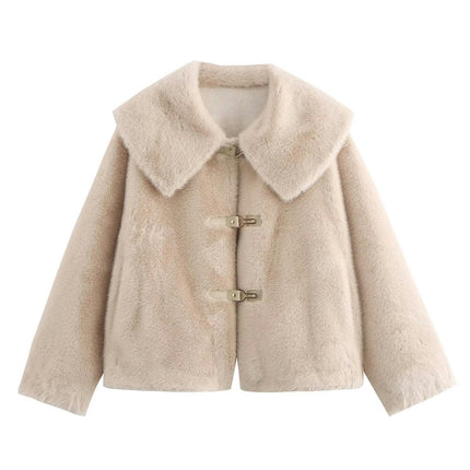 Women's Cropped Faux Fur Coat Winter Warm Lapel Long Sleeve Jacket Outerwear