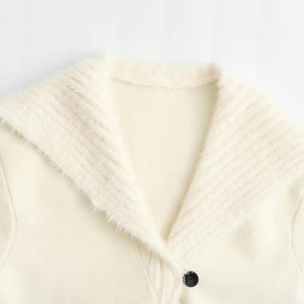 Womens Long Sleeve Fuzzy Knit Lapel Collar Sweaters Button Down Knitted Coat