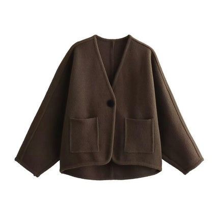 Womens V Neck Cropped Jacket Casual Loose Fit Coat One Button Outwear with Pockets