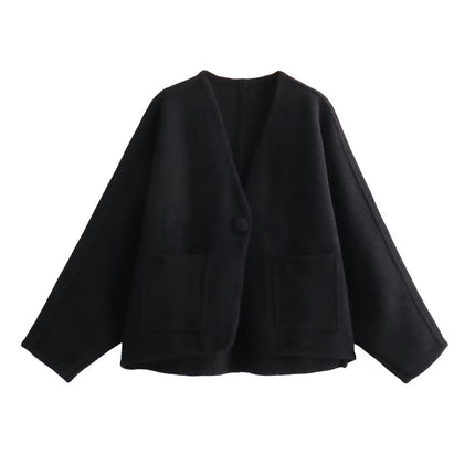 Womens V Neck Cropped Jacket Casual Loose Fit Coat One Button Outwear with Pockets