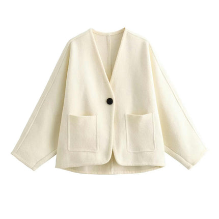 Womens V Neck Cropped Jacket Casual Loose Fit Coat One Button Outwear with Pockets