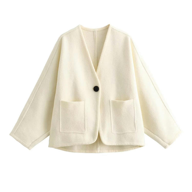 Womens V Neck Cropped Jacket Casual Loose Fit Coat One Button Outwear with Pockets