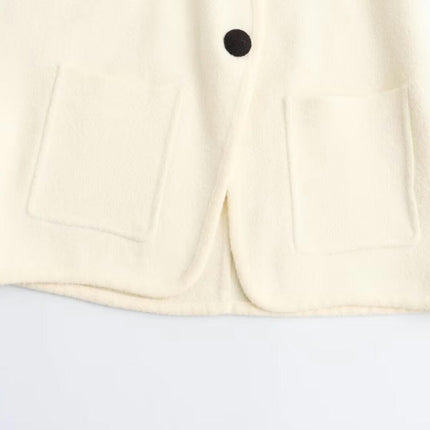 Womens V Neck Cropped Jacket Casual Loose Fit Coat One Button Outwear with Pockets