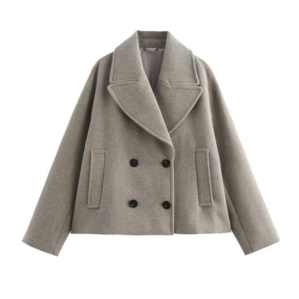 Women's Notched Lapel Cropped Jacket Double Breasted Fall Winter Wool Blend Coat