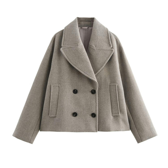 Women's Notched Lapel Cropped Jacket Double Breasted Fall Winter Wool Blend Coat
