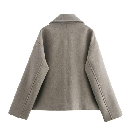 Women's Notched Lapel Cropped Jacket Double Breasted Fall Winter Wool Blend Coat