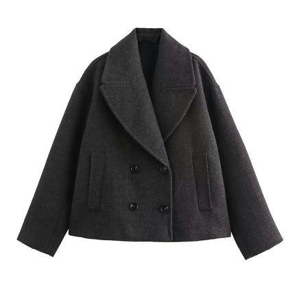 Women's Notched Lapel Cropped Jacket Double Breasted Fall Winter Wool Blend Coat