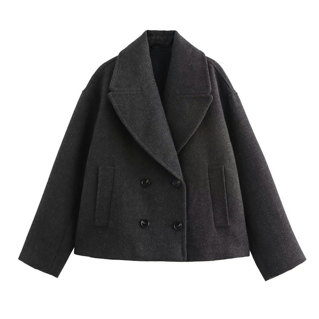 Women's Notched Lapel Cropped Jacket Double Breasted Fall Winter Wool Blend Coat