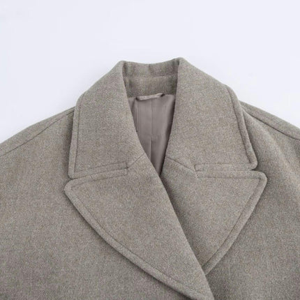 Women's Notched Lapel Cropped Jacket Double Breasted Fall Winter Wool Blend Coat