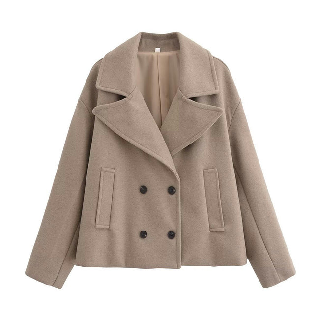 Cropped Trench Coat for Women Fall Winter Double Breasted Notched Lapel Jackets Fashion Coat