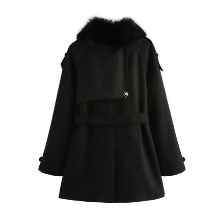 Women's Wool Blend Coat Faux Fur Collar Jacket Winter Warm Overcoat with Belt