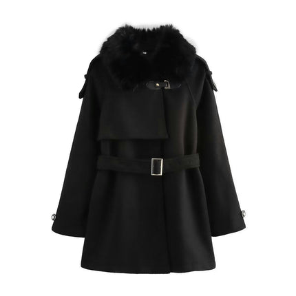 Women's Wool Blend Coat Faux Fur Collar Jacket Winter Warm Overcoat with Belt