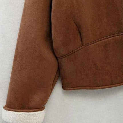 Womens Faux Sherpa-Lined Jackets Lapel Button Down Faux Suede Winter Warm Coat