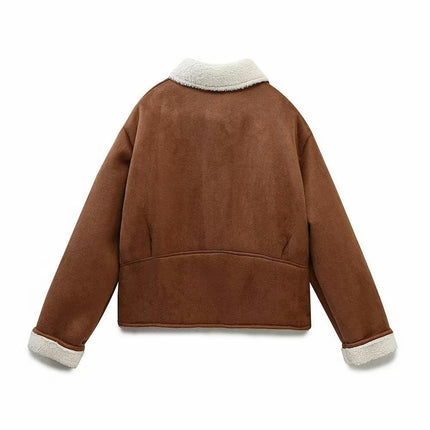 Womens Faux Sherpa-Lined Jackets Lapel Button Down Faux Suede Winter Warm Coat