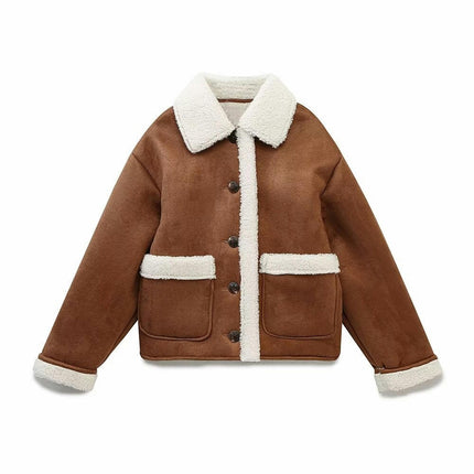 Womens Faux Sherpa-Lined Jackets Lapel Button Down Faux Suede Winter Warm Coat