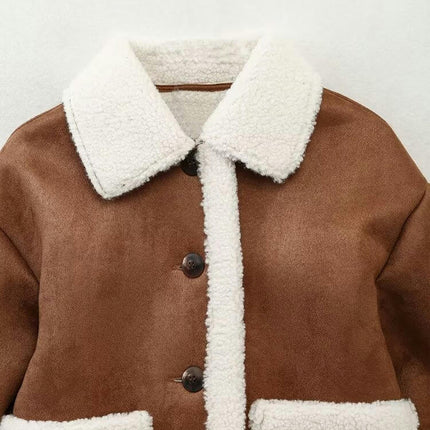 Womens Faux Sherpa-Lined Jackets Lapel Button Down Faux Suede Winter Warm Coat