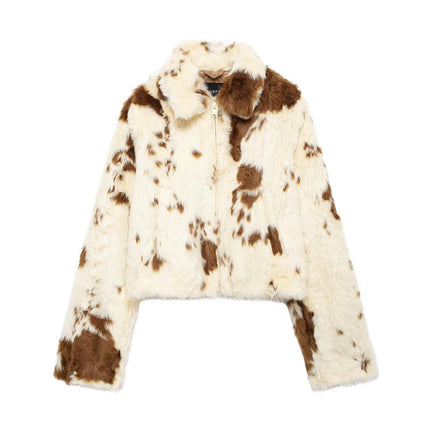Women's Faux Fur Coat Cow Spotted Print Warm Jacket Fuzzy Lapel Zip Up Outerwear