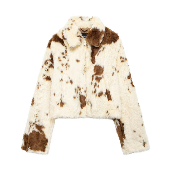 Women's Faux Fur Coat Cow Spotted Print Warm Jacket Fuzzy Lapel Zip Up Outerwear