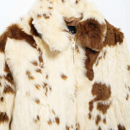 Women's Faux Fur Coat Cow Spotted Print Warm Jacket Fuzzy Lapel Zip Up Outerwear