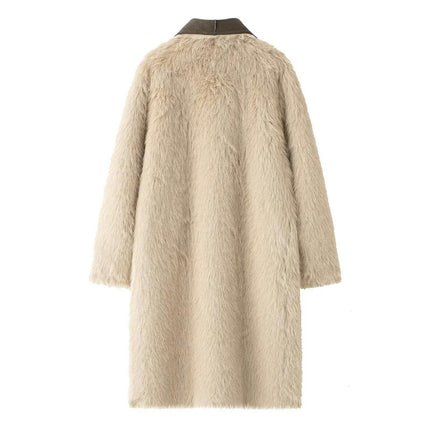 Women Faux Suede Trench Coat Fleece-Lined Mid-length Jacket Overcoat with Pocket