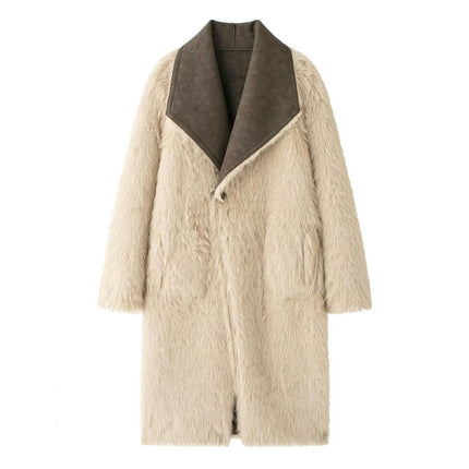 Women Faux Suede Trench Coat Fleece-Lined Mid-length Jacket Overcoat with Pocket