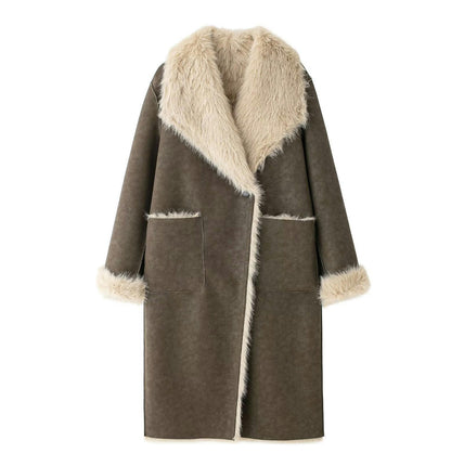 Women Faux Suede Trench Coat Fleece-Lined Mid-length Jacket Overcoat with Pocket