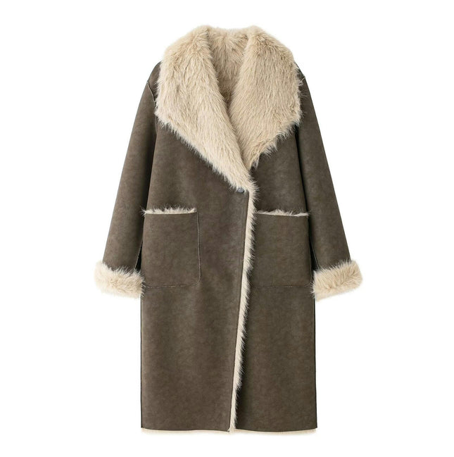 Women Faux Suede Trench Coat Fleece-Lined Mid-length Jacket Overcoat with Pocket