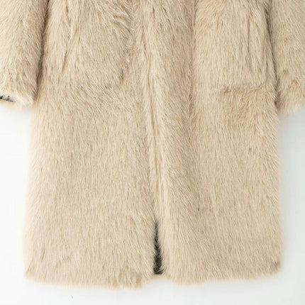 Women Faux Suede Trench Coat Fleece-Lined Mid-length Jacket Overcoat with Pocket