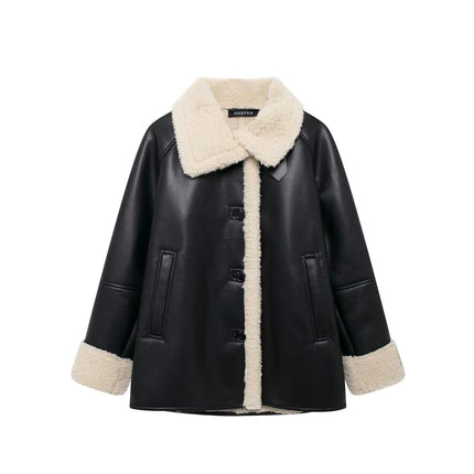 Women's Faux Shearing Moto Bomber Jacket Sherpa-Lined Coat Winter Faux Leather Outerwear